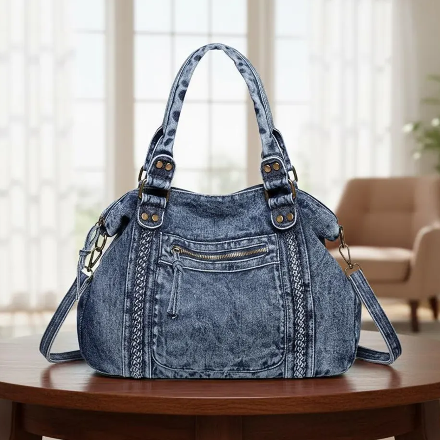Faded Vintage Washed Blue Denim Slouchy Shoulder Tote With Vertical Braided Front Trim, Stud Reinforced Top Handles And Detachable Multi-Strand Denim Carry Strip Hardware