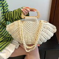 Cream Concentric Chevron Crochet Fan Tote With Hollow Oval Wooden Ring Top Grip, Braided Yarn Shoulder Drape Straps And Scalloped Open Lace Shell Silhouette