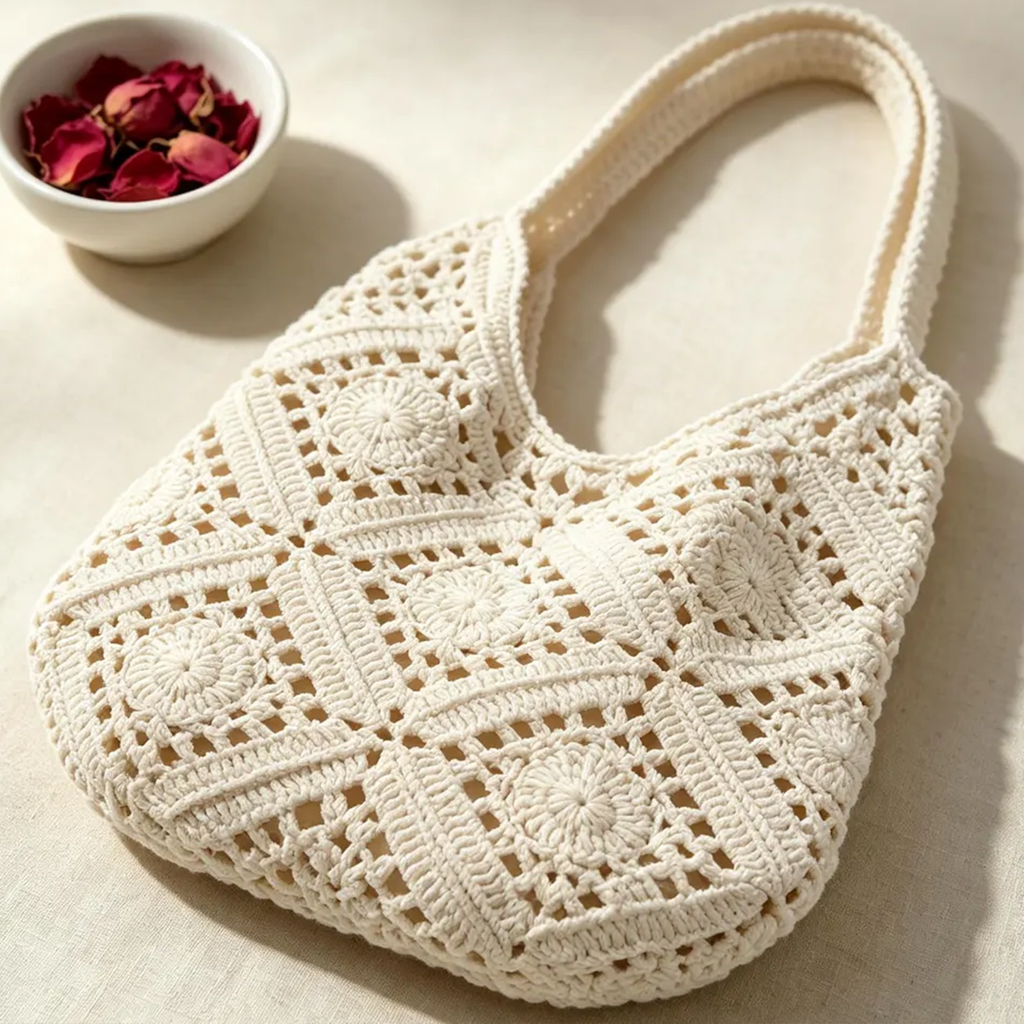 Cream Openwork Granny Square Crochet Slouch Crescent Shoulder Tote With Integrated Continuous Woven Loop Strap And Floral Rosette Panel Detailing