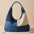 Two-Tone Denim And Cream Canvas Patchwork Oversized Slouch Shoulder Tote With Continuous Integrated Fabric Loop Handle And Spacious Unlined Open Interior Cavity