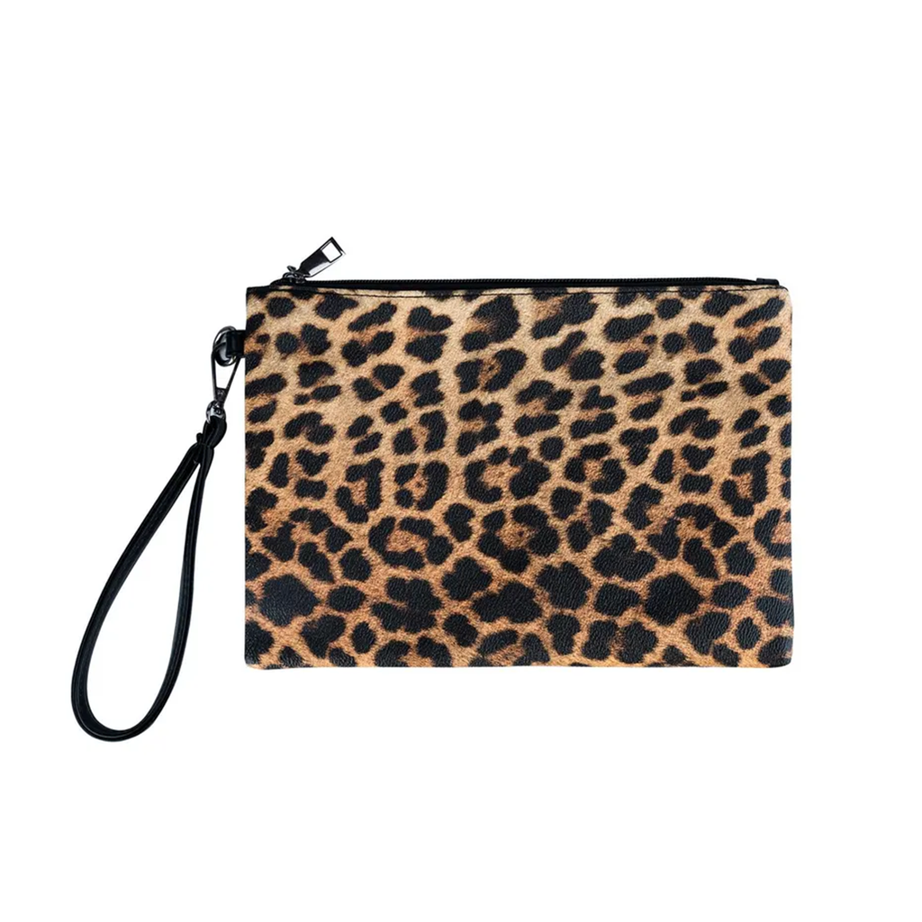 Warm Multi-Tone Leopard Print Flat Rectangular Wrist Clutch With Detachable Black Wrist Loop And Full Top Metallic Zip Closure Hardware Leather Bag