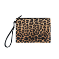 Warm Multi-Tone Leopard Print Flat Rectangular Wrist Clutch With Detachable Black Wrist Loop And Full Top Metallic Zip Closure Hardware Leather Bag