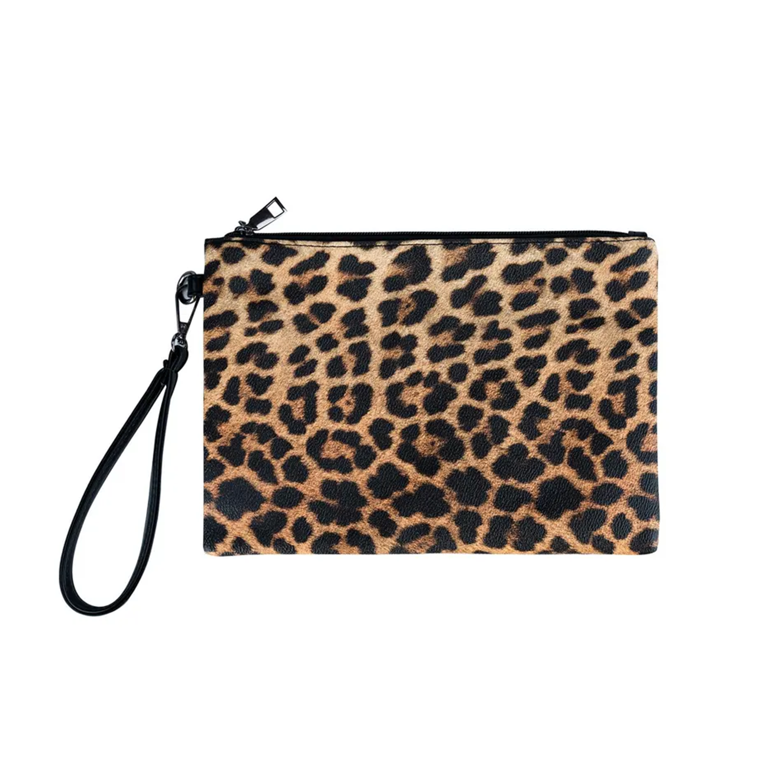 Warm Multi-Tone Leopard Print Flat Rectangular Wrist Clutch With Detachable Black Wrist Loop And Full Top Metallic Zip Closure Hardware Leather Bag